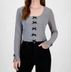 SUGAR MOON Juniors' Scoop Neck Bow Front Mesh Top Grey XL